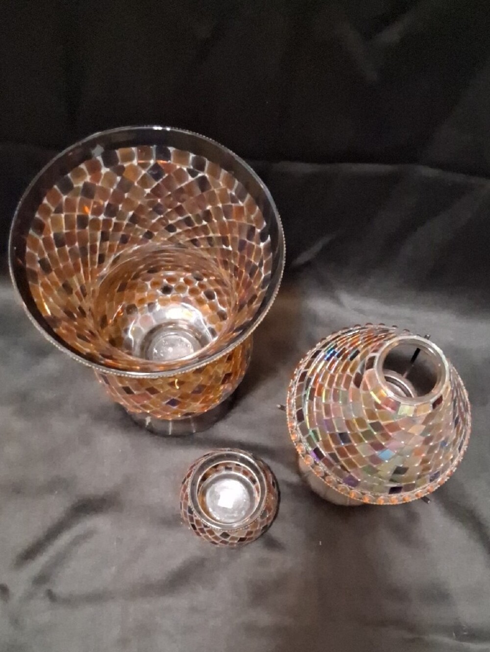 PartyLite Iridescent Mosaic Glass Candle Holders (3) - Brown & Multi - Picture 2 of 11